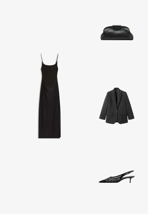 Blazer noir en tissu lisse, doté d'un revers cranté, d'une fermeture à un bouton et de deux poches avant. Design simple et ajusté.; Robe maxi noire sans manches avec fines bretelles, côtés froncés et encolure carrée sur fond blanc.; Chaussure slingback noire à bout pointu avec petit talon kitten et tige en mesh transparent décorée de coutures noires abstraites.; Pochette en cuir noire avec armature métallique dorée et fermeture pression sur fond blanc.