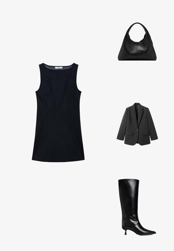 Sort blazer lavet af glat stof med en hakket revers, enkelt knaplukning og to forlommer. Enkel, skræddersyet design.; Mørkeblå stribede ærmeløse kjole med lige snit, der har sidelommer og en rund halsudskæring. Glat stofstruktur.; Sort læderknæhøje støvler med spidse tæer, slank silhuet og en lav blokhæl med en blank finish.; Sort tekstureret læderhåndtaske med et enkelt buet håndtag og en bred, halvmåneformet krop.