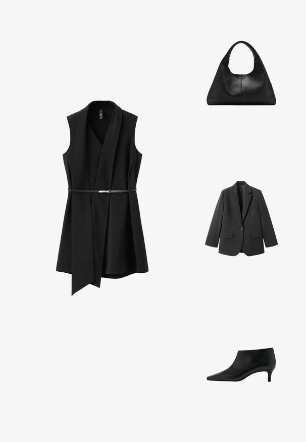 Blazer noir en tissu lisse, doté d'un revers cranté, d'une fermeture à un bouton et de deux poches avant. Design simple et ajusté.; Veste sans manches noire ceinturée avec un large revers drapé et un ourlet légèrement évasé, présentée sur un fond blanc.; Bottine en cuir noir avec bout pointu et petit talon kitten, conçue pour un port élégant et formel.; Sac à main en cuir noir texturé avec une base large et des anses épaisses et arrondies, présentant une couture verticale centrale et des détails de surpiqûres subtils.