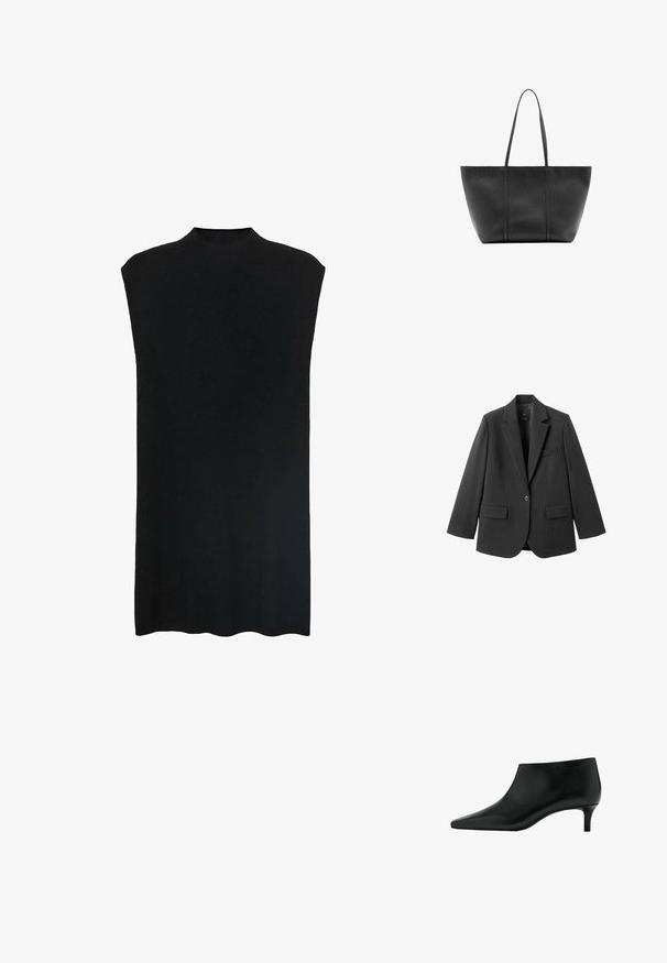 Blazer noir en tissu lisse, doté d'un revers cranté, d'une fermeture à un bouton et de deux poches avant. Design simple et ajusté.; Tunique noire sans manches avec un col montant, tissu doux, coupe ample et silhouette droite. L'ourlet est légèrement arrondi en bas.; Bottine en cuir noir avec bout pointu et petit talon kitten, conçue pour un port élégant et formel.; Sac cabas en cuir noir avec de longues anses fines, une surface texturée et une ouverture large en haut.