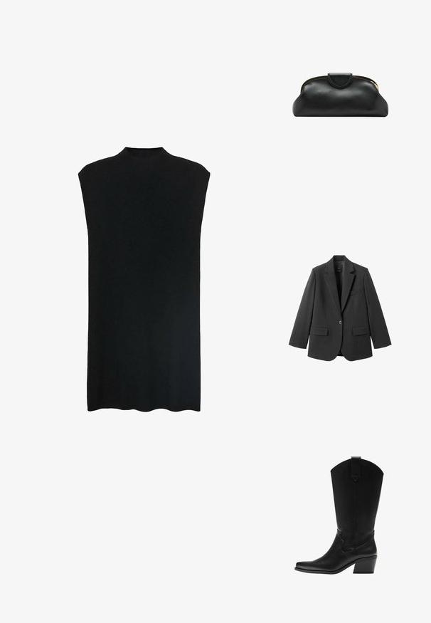 Zwart colbert van gladde stof, met een inkeping op de revers, enkele knoopsluiting en twee voorzakken. Eenvoudig, op maat gemaakt ontwerp.; Zwarte mouwloze tuniek met een hoge halslijn, zachte stof, losse pasvorm en een rechte silhouette. De zoom is aan de onderkant licht gebogen.; Zwarte leren westernlaars tot halverwege de kuit met een puntige neus en gestapelde blokhak, voorzien van een aantreklus en subtiele decoratieve stiksels.; Zwarte leren clutch met gouden metalen frame en drukknoopsluiting op een witte achtergrond.