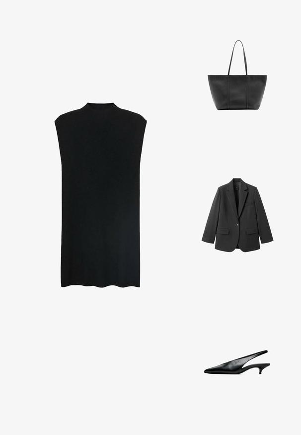 Sort blazer lavet af glat stof med en hakket revers, enkelt knaplukning og to forlommer. Enkel, skræddersyet design.; Sort ærmeløs tunika med høj halsudskæring, blødt stof, løs pasform og lige silhuet. Nederste kant er let buet.; Sort læder slingback kitten heel sko med spids tå og lav buet hæl på hvid baggrund.; Sort læder tote taske med lange slanke håndtag, en tekstureret overflade og en bred åben top.