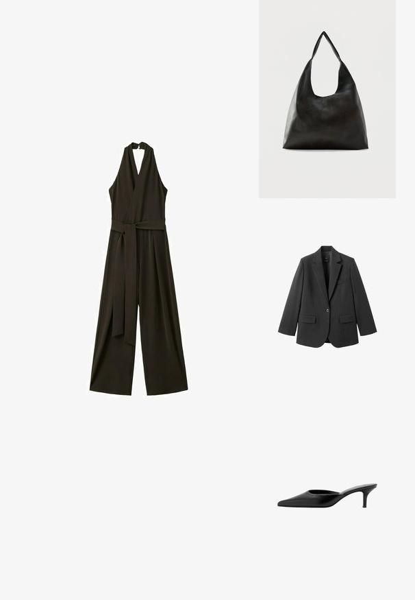 Blazer noir en tissu lisse, doté d'un revers cranté, d'une fermeture à un bouton et de deux poches avant. Design simple et ajusté.; Combinaison noire sans manches à col licou avec pantalons larges et ceinture en tissu à la taille.; Mule en cuir noir à bout pointu, avec un petit talon fin et un design sans contrefort pour enfiler facilement.; Sac bandoulière en cuir noir lisse avec une large sangle unique et un design décontracté et minimaliste sur un fond uni.