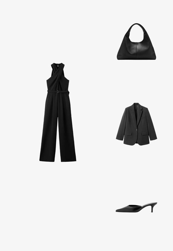 Blazer noir en tissu lisse, doté d'un revers cranté, d'une fermeture à un bouton et de deux poches avant. Design simple et ajusté.; Combinaison noire sans manches avec encolure halter croisée, taille ceinturée, pantalon à jambes larges et poches latérales.; Mule en cuir noir à bout pointu, avec un petit talon fin et un design sans contrefort pour enfiler facilement.; Sac à main en cuir noir texturé avec une base large et des anses épaisses et arrondies, présentant une couture verticale centrale et des détails de surpiqûres subtils.