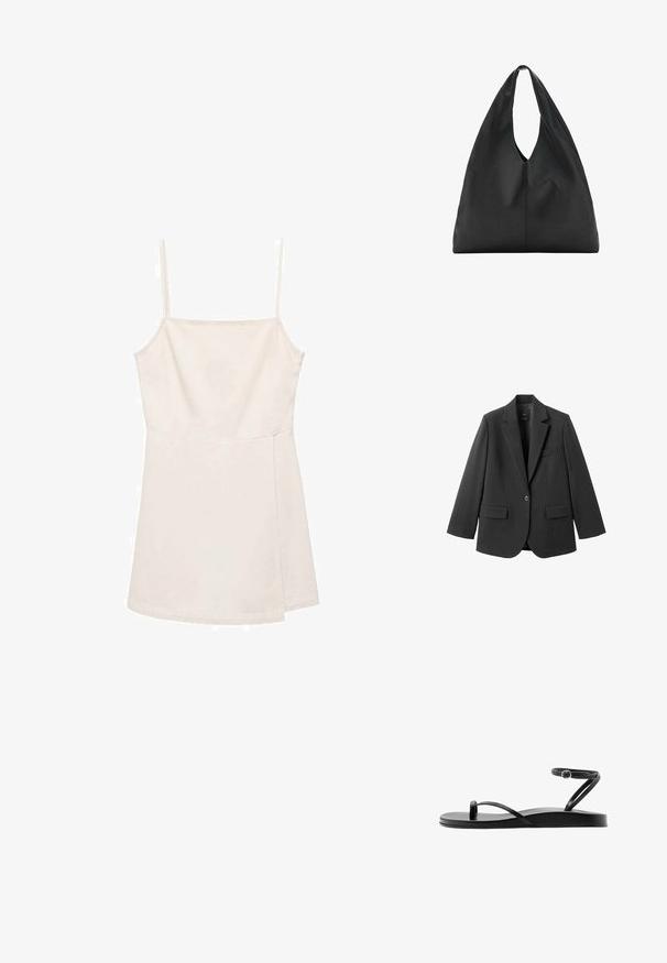 Sort blazer lavet af glat stof med en hakket revers, enkelt knaplukning og to forlommer. Enkel, skræddersyet design.; Lysbeige ærmeløs top med tynde stropper, der har et simpelt lige snit og en glat, let skinnende overflade. Ingen mønstre eller detaljer.; Sort flad sandal med tynde remme, tåloop og anklerem med en lille rund spænde, vist i sideprofil.; Sort skuldertaske i læder med stort, blødt design og et dybt, aflangt udskåret håndtag for nem bæring. Glat tekstur, minimalistisk stil.
