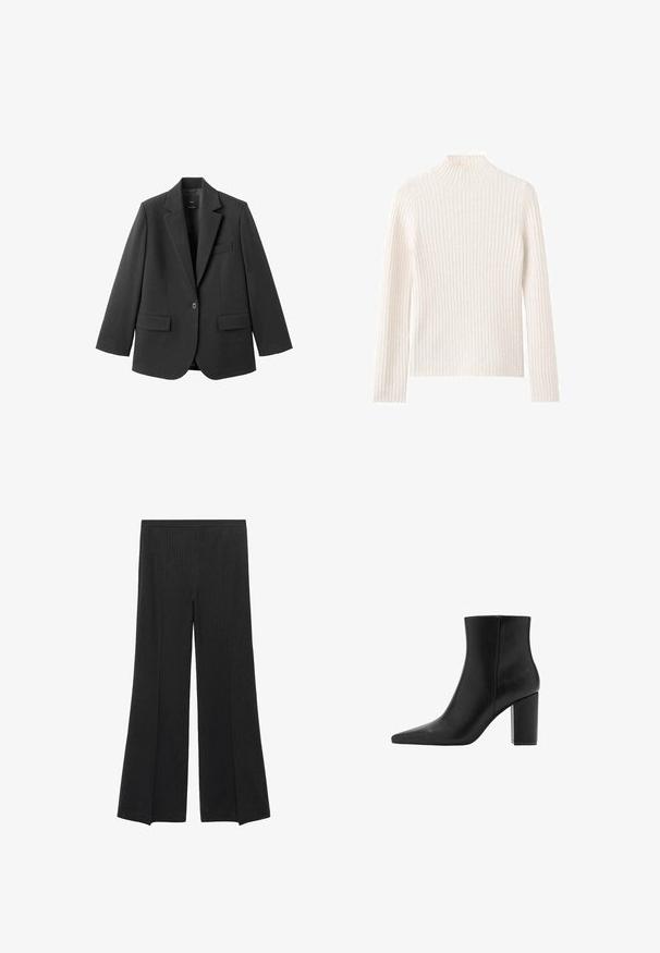 Sort blazer lavet af glat stof med en hakket revers, enkelt knaplukning og to forlommer. Enkel, skræddersyet design.; Ribstrikket rullekravesweater i off-white, lavet af blødt strikstof. Har lange ærmer og en tætsiddende silhuet.; Sorte brede bukser med diskrete lodrette striber og elastisk talje, præsenteret fladt på en hvid baggrund.; Sorte læder ankelstøvler med spidse tæer og blokhæl. Glat tekstur og minimalistisk design, med en mid-højde skaft.