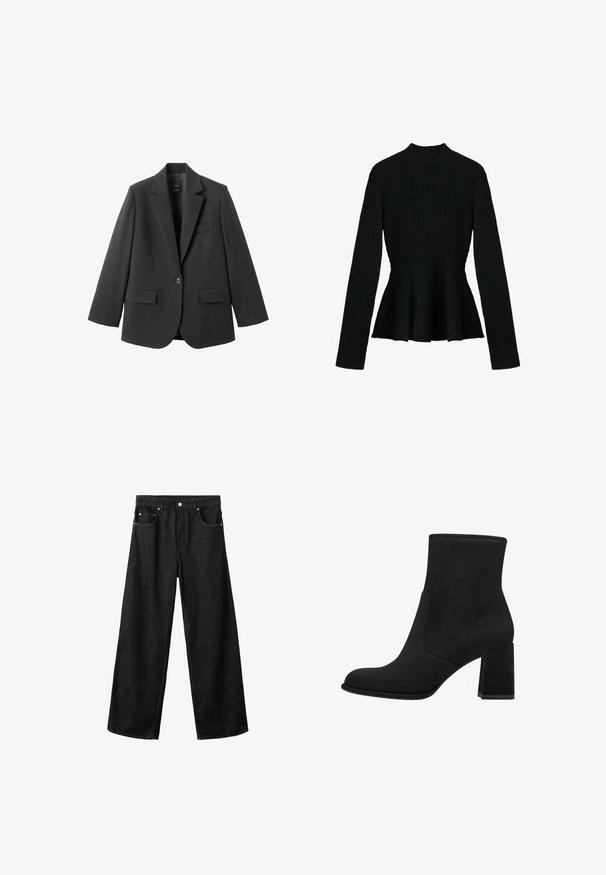 Schwarzer Blazer aus glattem Stoff mit Reverskragen, Ein-Knopf-Verschluss und zwei Vorderentaschen. Einfaches, maßgeschneidertes Design.; Schwarzes, gestreiftes Langarmoberteil mit hohem Kragen und einem peplumförmigen Saum, das aus einem strukturierten Stoff besteht und eine taillierte Silhouette bietet.; Schwarze Jeans mit weitem Bein aus Denim. Verfügt über fünf Taschen, einen vorderen Knopfverschluss und dezente Nahtdetails. Strukturierter Stoff mit dunkler Färbung.; Schwarze Knöchelstiefel mit Blockabsatz, aus weichem Wildleder. Mit einer abgerundeten Zehe und glatten Seitenpaneelen mit detaillierter Naht.