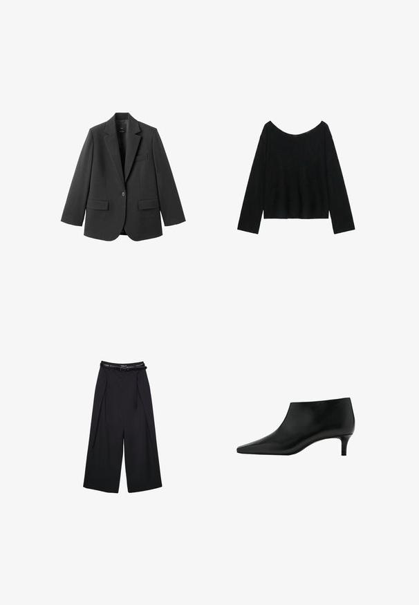 Sort blazer lavet af glat stof med en hakket revers, enkelt knaplukning og to forlommer. Enkel, skræddersyet design.; Sort langærmet sweater med en bred, let sænket udskæring og en lige kant forneden.; Sorte vidde bukser lavet af glat stof, med høj talje og bæltesløjfer, med plisserede detaljer foran og uden synlige mønstre.; Sort læderankelstøvle med spids tå og lavt kittenhæl, designet til elegant og formelt brug.