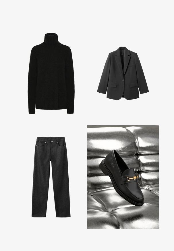 Sort blazer lavet af glat stof med en hakket revers, enkelt knaplukning og to forlommer. Enkel, skræddersyet design.; Sort turtleneck trøje lavet af blødt, tekstureret materiale; løs pasform med ribbet krave og manchetter. Lange ærmer og ingen synlige mønstre.; Sorte denimbukser med lige ben, der har fem lommer, sølvhardware og en glat tekstur.; Sorte læder loafers med en guldfarvet hardware detalje. Skoen har et elegant design og en glat, skinnende overflade.
