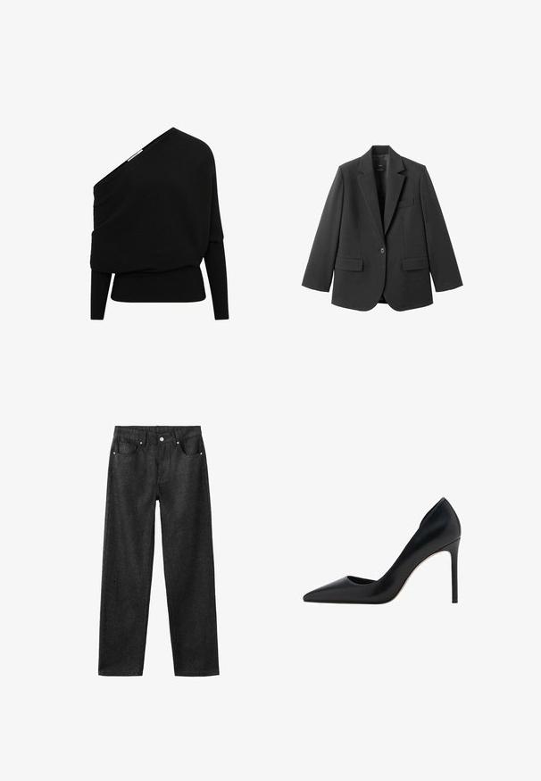 Blazer noir en tissu lisse, doté d'un revers cranté, d'une fermeture à un bouton et de deux poches avant. Design simple et ajusté.; Pull noir côtelé avec un design asymétrique décolleté, des manches longues et un tissu texturé. Présente un ourlet inférieur ajusté.; Pantalons en denim noir avec une coupe droite, comprenant cinq poches, des accessoires en métal argenté et une texture lisse.; Mango Escarpins à talons hauts - black