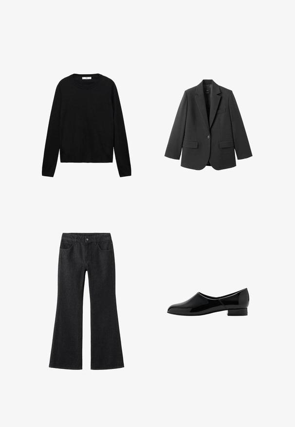 Sort blazer lavet af glat stof med en hakket revers, enkelt knaplukning og to forlommer. Enkel, skræddersyet design.; Sort langærmet sweater lavet af blødt materiale med rund hals og ribbede manchetter, med et enkelt og lige snit design.; Sorte denim flared jeans med høj talje, fem lommen design, kontrast syninger og klassisk knaplukning.; Sort patentlæder slip-on sko med rund tå og lav, blokhælhælk. Glat overflade, minimalistisk design, ingen synlige udsmykninger.