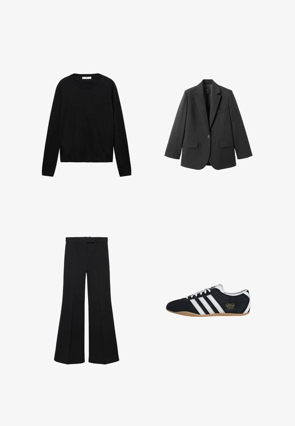 Blazer noir en tissu lisse, doté d'un revers cranté, d'une fermeture à un bouton et de deux poches avant. Design simple et ajusté.; Pull noir à manches longues en matière douce avec un col rond et des poignets côtelés, présentant un design simple et droit.; Pantalons larges noirs à taille haute, design structuré et plis avant. Fabriqués dans un tissu lisse avec une taille discrète et des passes-belt.; Sneakers en suede noir avec trois bandes blanches, logo doré et semelle en caoutchouc marron. Présente un design à lacets à profil bas.