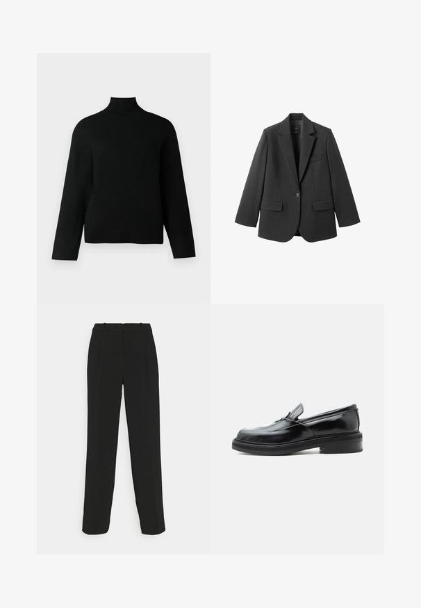 Sort blazer lavet af glat stof med en hakket revers, enkelt knaplukning og to forlommer. Enkel, skræddersyet design.; Sort turtleneck trøje lavet af blødt strikstof, der har lange ærmer og en afslappet pasform. Glat tekstur uden synlige mønstre eller accenter.; Sorte skræddersyede bukser med lige ben, højtaljet, med pressefolder og en glat stofstruktur.; Sort lædersko med lav hæl og afrundet firkantet tå, vist fra siden på en ensfarvet hvid baggrund.