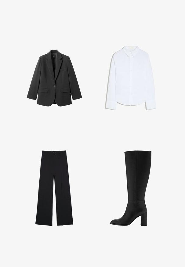 Blazer noir en tissu lisse, doté d'un revers cranté, d'une fermeture à un bouton et de deux poches avant. Design simple et ajusté.; Chemise blanche à manches longues avec boutons, col et poignets, ourlet légèrement arrondi, présentée sur un fond blanc uni.; Pantalon noir à jambes larges avec passants de ceinture, bouton frontal et fermeture éclair, étalé à plat sur un fond blanc.; Botte noire montant, à talons, en cuir lisse. Présente une pointe ronde et un talon épais, avec un minimum de détails de couture.