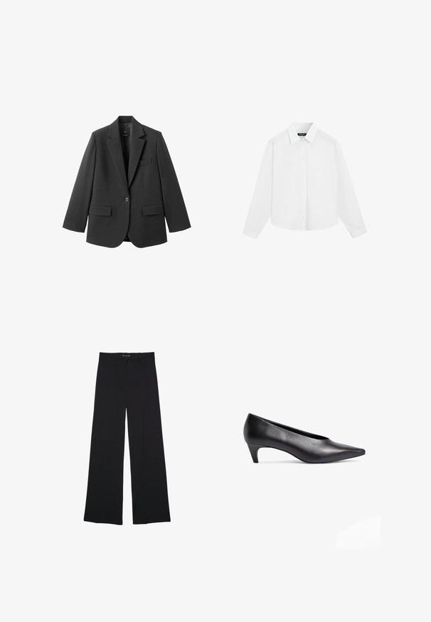 Sort blazer lavet af glat stof med en hakket revers, enkelt knaplukning og to forlommer. Enkel, skræddersyet design.; Hvid langærmet skjorte med knapper og krave, vist fladt mod en hvid baggrund.; Sorte bukser med vide ben med knap- og lynlåslukning, bæltestropper og en glat, skræddersyet finish.; Sorte læder lavhælede pumps med spids tå-design. Glat tekstur og slank silhuet, med en bøjet hæl for stabilitet.