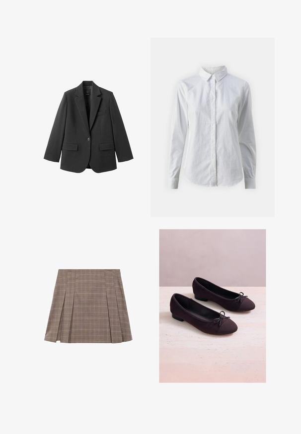 Sort blazer lavet af glat stof med en hakket revers, enkelt knaplukning og to forlommer. Enkel, skræddersyet design.; Hvid skjorte med knapper lavet af glat bomuld, der har en klassisk krave, lange ærmer og en buet kant. Knapperne er små og hvide.; Brunternetteret plisseret miniskørt med sideslidser og høj talje, der har et diskret ternet mønster.; Par mørkelilla ruskind ballet flats med spidse tåhætte og små dekorative sløjfer, vist på en lys marmoreret overflade.