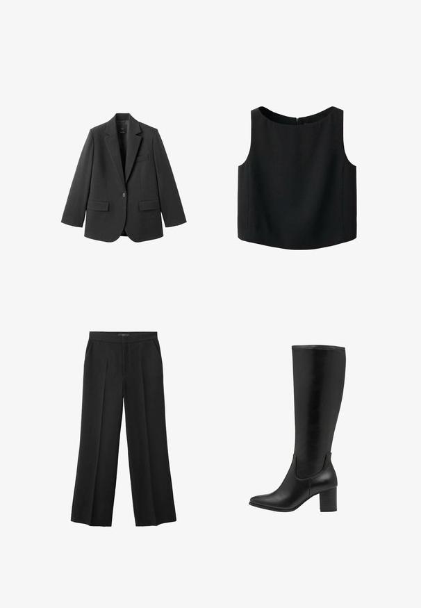 Sort blazer lavet af glat stof med en hakket revers, enkelt knaplukning og to forlommer. Enkel, skræddersyet design.; Sort ærmeløs top med rund halsudskæring og glat stoftekstur. Har en diskret lynlås bagpå og en lige nederkant.; Sorte vide bukser lavet af letvægtsstof med en glat overflade, med frontfolder og sidelommer.; Sorte knæhøje støvler lavet af glat læder. De har en spids tå, blokhæle og elastiske sidepaneler for nem påtagning.