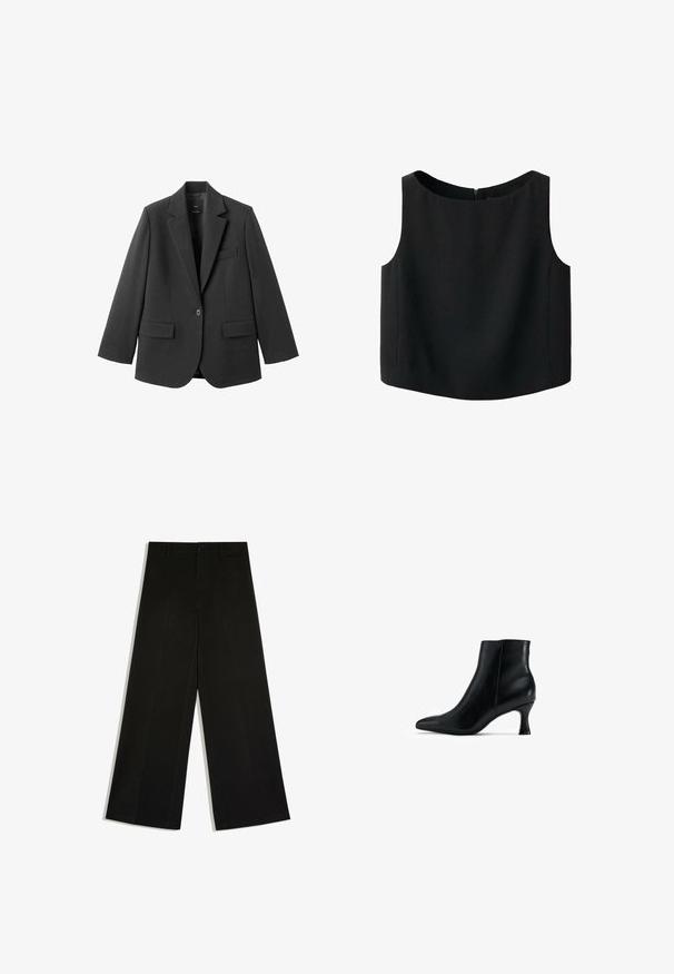 Sort blazer lavet af glat stof med en hakket revers, enkelt knaplukning og to forlommer. Enkel, skræddersyet design.; Sort ærmeløs top med rund halsudskæring og glat stoftekstur. Har en diskret lynlås bagpå og en lige nederkant.; Sorte bukser med vidde ben, bæltestropper, knaplukning foran og lynlås, lagt fladt på hvid baggrund.; Sort læderankelstøvle med spids tå, slankt design og en afsmalnet, buet hæl. Glat overflade med minimal accentdetaljering.