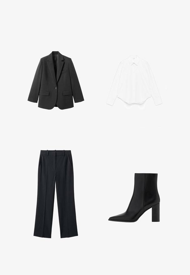 Blazer noir en tissu lisse, doté d'un revers cranté, d'une fermeture à un bouton et de deux poches avant. Design simple et ajusté.; Chemise blanche à manches longues en coton, avec un col pointu, une fermeture à boutons sur le devant et un ourlet arrondi avec des poignets larges.; Pantalon tailleur noir à fines rayures, avec passants pour ceinture, poches latérales et jambes droites et larges.; Bottine en cuir noir à bout pointu, talon haut carré et finition lisse. Design simple aux lignes épurées, sans éléments métalliques visibles.