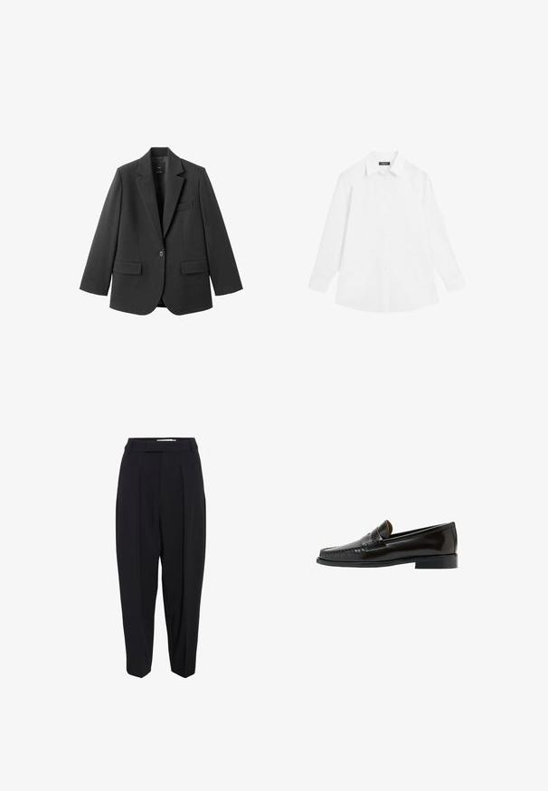 Sort blazer lavet af glat stof med en hakket revers, enkelt knaplukning og to forlommer. Enkel, skræddersyet design.; Hvid langærmet skjorte med knapper og krave, vist fladt på en hvid baggrund.; Sorte skræddersyede bukser med høj talje, der har læg og en cropped, tapered buksdesign. Glat stof med en mat overflade.; Sort læder penny loafer med lav hæl og syninger, vist fra siden på en hvid baggrund.