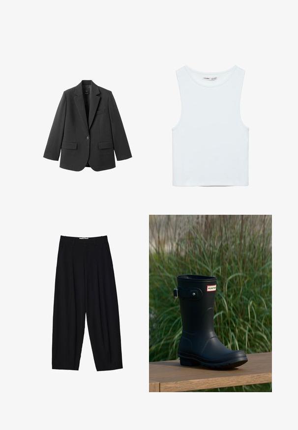 Zwart colbert van gladde stof, met een inkeping op de revers, enkele knoopsluiting en twee voorzakken. Eenvoudig, op maat gemaakt ontwerp.; Witte mouwloze crop top met ronde hals, gemaakt van gladde stof, met Pull&Bear-label, geschikt voor casual wear.; Zwarte wijde broek van lichtgewicht stof, met voorplooien, een klassieke tailleband en zijzakken. Soepele textuur.; Zwarte rubberen regenlaarzen met een glanzende afwerking, voorzien van een zilveren gesp en een logo patch. De zool is gestructureerd voor grip.
