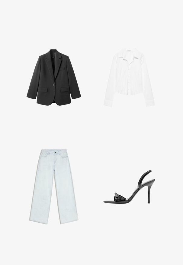 Blazer noir en tissu lisse, doté d'un revers cranté, d'une fermeture à un bouton et de deux poches avant. Design simple et ajusté.; Chemise blanche à manches longues avec col, taille légèrement cintrée et poignets boutonnés, présentée sur fond blanc.; Jean bleu clair à jambes larges avec fermeture à boutons et fermeture éclair sur le devant, passants pour ceinture et style cinq poches, posé à plat sur un fond blanc.; Sandale noire en cuir verni à talon haut avec talon aiguille fin, bout ouvert et fine bride sur le dessus du pied et autour de la cheville.