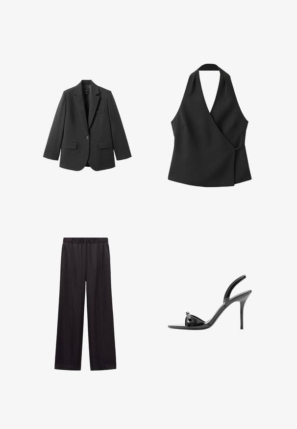 Blazer noir en tissu lisse, doté d'un revers cranté, d'une fermeture à un bouton et de deux poches avant. Design simple et ajusté.; Haut cache-cœur noir sans manches avec encolure halter et détail noué sur le côté sur fond blanc.; Pantalon noir à jambes larges avec ceinture élastique et poches latérales, en tissu lisse conçu pour le confort et un port décontracté.; Sandale noire en cuir verni à talon haut avec talon aiguille fin, bout ouvert et fine bride sur le dessus du pied et autour de la cheville.
