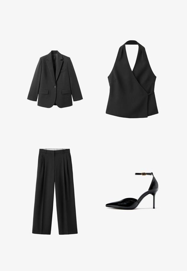 Blazer noir en tissu lisse, doté d'un revers cranté, d'une fermeture à un bouton et de deux poches avant. Design simple et ajusté.; Haut cache-cœur noir sans manches avec encolure halter et détail noué sur le côté sur fond blanc.; Pantalon noir à jambes larges avec plis devant, passants pour ceinture et fermeture avant dissimulée.; Chaussure à talon haut en cuir noir à bout pointu avec bride à la cheville et boucle dorée, talon stiletto fin, vue de profil sur fond blanc.