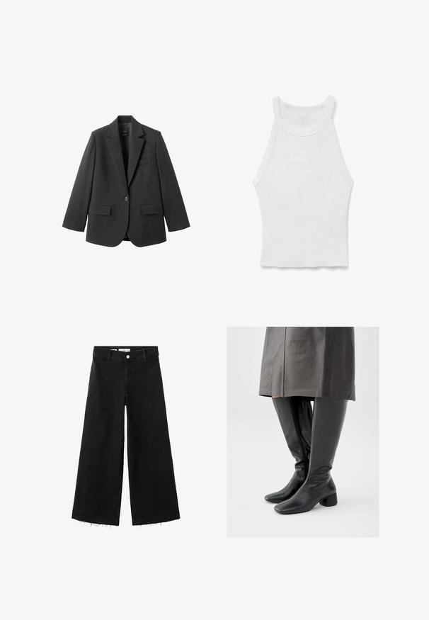 Sort blazer lavet af glat stof med en hakket revers, enkelt knaplukning og to forlommer. Enkel, skræddersyet design.; Hvid ærmeløs ribbet tanktop med høj halsudskæring og tætsiddende silhuet, lagt fladt på en hvid baggrund.; Sorte viddebenede cropped jeans med rå kant, forreste knap, lynlås og bæltestropper.; Knæhøje sorte læderstøvler med firkantet tå, skråt stillet blokhæl og en sidesyning; glat tekstur og tætsiddende design.