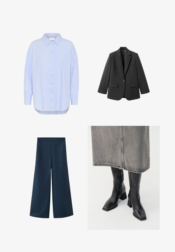 Sort blazer lavet af glat stof med en hakket revers, enkelt knaplukning og to forlommer. Enkel, skræddersyet design.; Lys blå skjorte med knapkrave, lange ærmer og bølget kant. Glat tekstur med synlige knapdetaljer.; Navy viddebukser med elastisk taljebånd. Fremstillet af glat, let stof med en afslappet silhuet og uden synlige sømme.; Sorte knæhøje støvler i glat læder med firkantet tå og blokeret hæl. Båret med en grå denimnederdel med flosset kant.