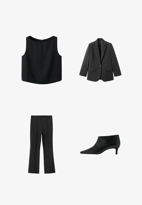 Blazer noir en tissu lisse, doté d'un revers cranté, d'une fermeture à un bouton et de deux poches avant. Design simple et ajusté.; Haut noir sans manches avec un col rond et une texture de tissu lisse. Il possède une fermeture éclair discrète au dos et un ourlet droit.; Pantalon noir sur mesure avec une coupe droite et des coutures avant visibles, présenté sur un fond blanc.; Bottine en cuir noir avec bout pointu et petit talon kitten, conçue pour un port élégant et formel.