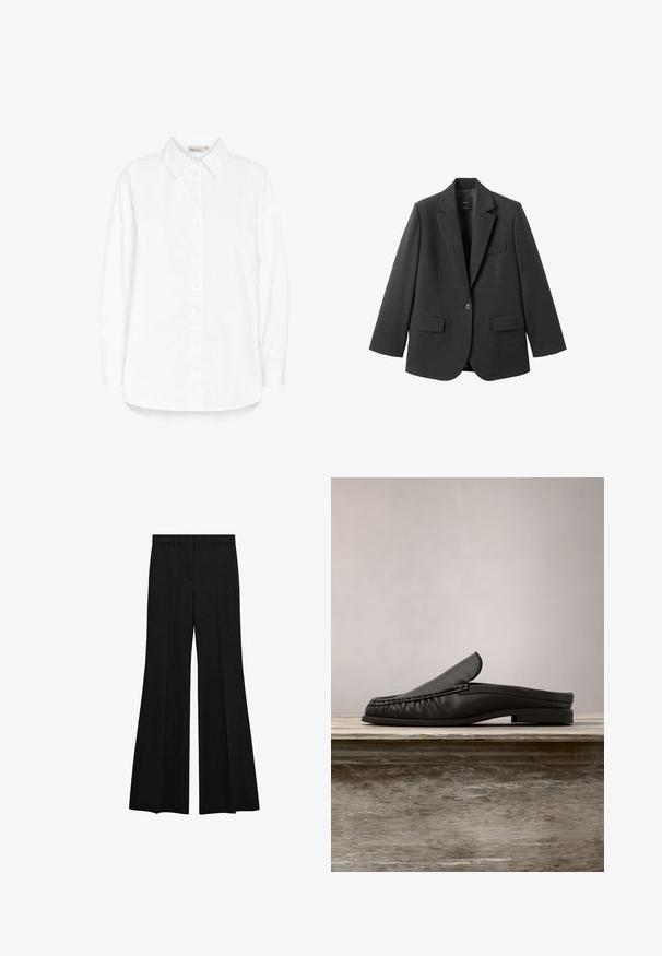 Blazer noir en tissu lisse, doté d'un revers cranté, d'une fermeture à un bouton et de deux poches avant. Design simple et ajusté.; Chemise blanche à boutons avec un col pointu, des manches longues et un ourlet incurvé. Fabriquée dans un tissu lisse et léger. Brillance subtile.; Pantalon noir taille haute avec jambes évasées larges, passants de ceinture et pli avant, sur fond blanc.; Mocassin en cuir noir sans lacets posé en équilibre sur le bord d'un banc en bois avec un feuillage vert flou en arrière-plan.