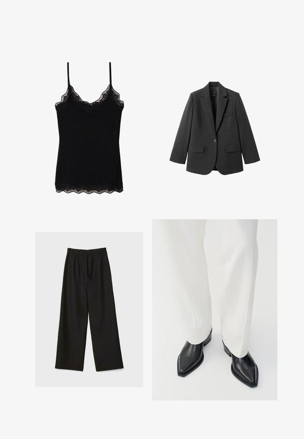 Schwarzer Blazer aus glattem Stoff mit Reverskragen, Ein-Knopf-Verschluss und zwei Vorderentaschen. Einfaches, maßgeschneidertes Design.; Schwarzes Spaghetti-Top mit verstellbaren Trägern, einem gewellten Spitzenbesatz entlang des Ausschnitts und Saums sowie einer figurschmeichelnden Passform. Hergestellt aus weichem Stoff.; Schwarze weit geschnittene Hose mit elastischem Bund, flach auf einem hellen Hintergrund präsentiert.; Schwarze spitz zulaufende Stiefeletten aus glattem Leder mit flachen Blockabsätzen, kombiniert mit weißen, weiten Hosen. Schlichtes und modernes Design.