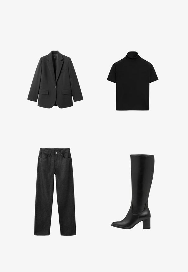 Sort blazer lavet af glat stof med en hakket revers, enkelt knaplukning og to forlommer. Enkel, skræddersyet design.; Sort kortærmet rullekrave med løs pasform og ensfarvet design på hvid baggrund.; Sorte denimbukser med lige ben, der har fem lommer, sølvhardware og en glat tekstur.; Sorte knæhøje støvler lavet af glat læder. De har en spids tå, blokhæle og elastiske sidepaneler for nem påtagning.