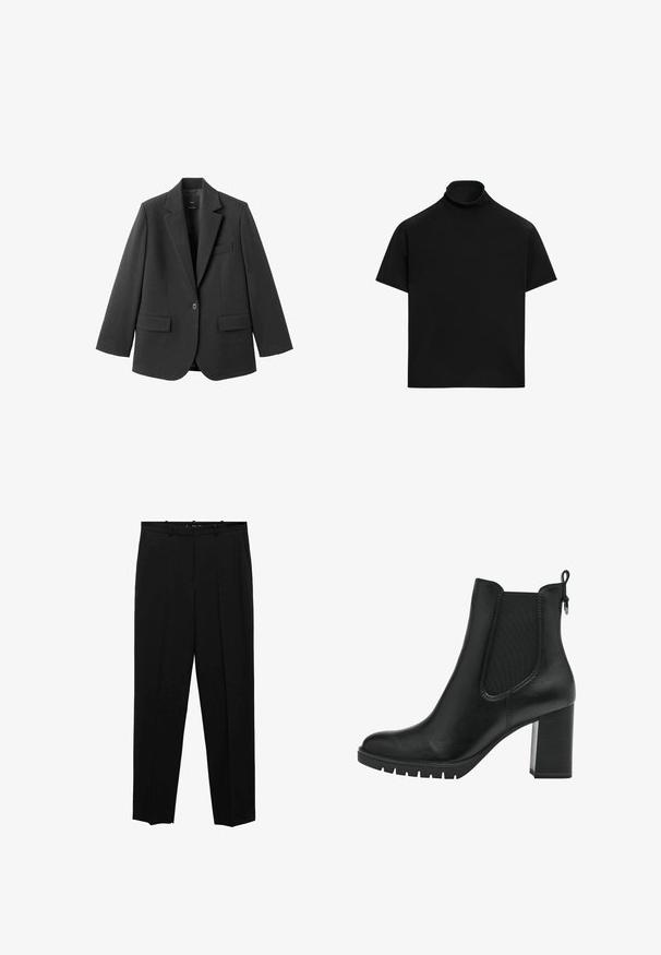 Schwarzer Blazer aus glattem Stoff mit Reverskragen, Ein-Knopf-Verschluss und zwei Vorderentaschen. Einfaches, maßgeschneidertes Design.; Schwarzes kurzärmeliges Rollkragenoberteil mit lockerem Sitz und schlichtem Design auf weißem Hintergrund.; Schwarze, maßgeschneiderte Stoffhosen mit geradem Bein, Frontfalten, einer glatten Textur und einem Standardbund mit Gürtelschlaufen.; Tamaris CHELSEA - Plateaustiefelette - black