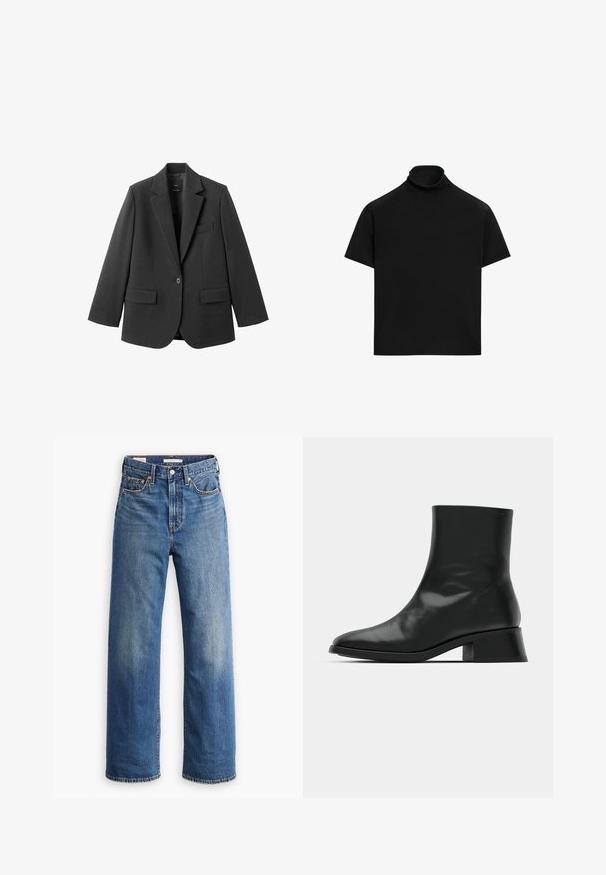 Schwarzer Blazer aus glattem Stoff mit Reverskragen, Ein-Knopf-Verschluss und zwei Vorderentaschen. Einfaches, maßgeschneidertes Design.; Schwarzes kurzärmeliges Rollkragenoberteil mit lockerem Sitz und schlichtem Design auf weißem Hintergrund.; Hellblaue Jeans aus Denim mit hoher Taille, weitem Bein, klassischem Fünf-Taschen-Design und subtilen Verwaschungen im Stoff.; Schwarze Ankle Boots aus glänzendem Leder, mit einem eleganten Design, spitzer Zehenpartie und einem moderaten Blockabsatz für Stabilität.