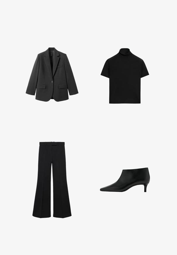 Sort blazer lavet af glat stof med en hakket revers, enkelt knaplukning og to forlommer. Enkel, skræddersyet design.; Sort kortærmet rullekrave med løs pasform og ensfarvet design på hvid baggrund.; Sorte bredbenede bukser med høj talje, struktureret design og forreste indsnit. Fremstillet af et glat stof med en diskret taljebånd og bæltesløjfer.; Sort læderankelstøvle med spids tå og lavt kittenhæl, designet til elegant og formelt brug.