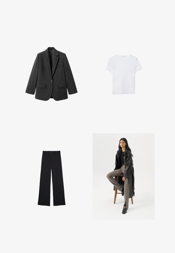 Blazer noir en tissu lisse, doté d'un revers cranté, d'une fermeture à un bouton et de deux poches avant. Design simple et ajusté.; T-shirt blanc à manches courtes en tissu doux. Dispose d'un col rond et d'un design simple et épuré avec un ourlet droit.; Pantalons larges noirs en tissu lisse. Présentent une coupe classique, des poches avant et une taille avec un bouton de fermeture.; Manteau trench en cuir noir avec des boutons et une ceinture, associé à un pantalon ajusté marron clair et des mocassins noirs, assis sur un tabouret en bois.