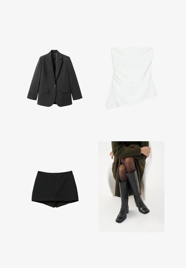 Blazer noir en tissu lisse, doté d'un revers cranté, d'une fermeture à un bouton et de deux poches avant. Design simple et ajusté.; Haut blanc asymétrique sans bretelles avec un léger détail froncé sur un côté, style ajusté, design épuré et minimaliste.; Shorts noirs taille haute avec passants de ceinture, fermeture à bouton et zip caché, conçus avec un ourlet légèrement courbé.; Bottes en cuir noires arrivant au genou, avec un bout carré et un talon carré, présentées sur un modèle assis dans un manteau vert olive. Texture lisse, détails minimaux.