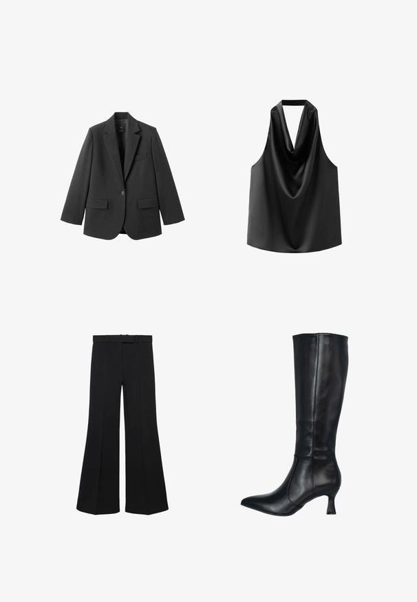 Sort blazer lavet af glat stof med en hakket revers, enkelt knaplukning og to forlommer. Enkel, skræddersyet design.; Sort ærmeløs top lavet af glat satin, med en draperet halsudskæring og en løs pasform med en afrundet kant. Ingen synlige detaljer eller mønstre.; Sorte bredbenede bukser med høj talje, struktureret design og forreste indsnit. Fremstillet af et glat stof med en diskret taljebånd og bæltesløjfer.; Sorte læder knæhøje støvler med spidse tæer og en slank, svajet hæl. Glat tekstur med sidesøm detaljer.