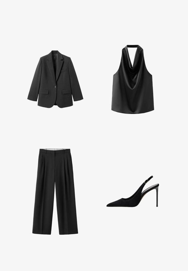 Schwarzer Blazer aus glattem Stoff mit Reverskragen, Ein-Knopf-Verschluss und zwei Vorderentaschen. Einfaches, maßgeschneidertes Design.; Schwarzes ärmelloses Top aus glattem Satin, mit einem drapierten Ausschnitt und lockerem Schnitt mit abgerundetem Saum. Keine sichtbaren Beschläge oder Muster.; Schwarze weitgeschnittene Hose mit vorderen Falten, Gürtelschlaufen und einem verdeckten vorderen Verschluss.; Schwarzer Wildleder-Slingback mit hohen Absätzen, spitzer Zehenform, dünnem Absatz und verstellbarem Riemen mit goldfarbenem Akzent.
