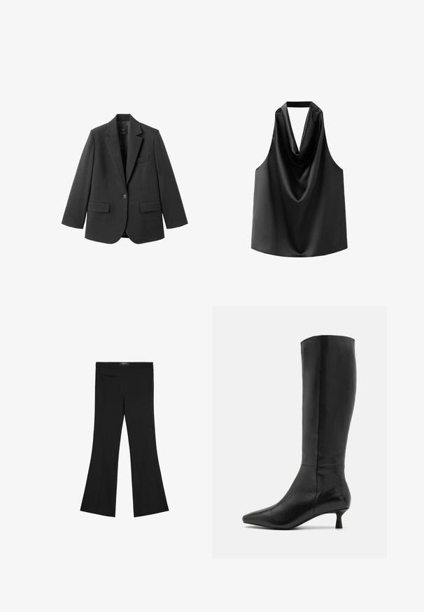 Zwart colbert van gladde stof, met een inkeping op de revers, enkele knoopsluiting en twee voorzakken. Eenvoudig, op maat gemaakt ontwerp.; Zwarte mouwloze top van gladde satijn, met een gedrapeerde halslijn en een losse pasvorm met een afgeronde zoom. Geen zichtbare hardware of patronen.; Zwarte high-waisted broek met een lichte uitloop, voornaaddetail en een klein ritszakje aan de linkerkant.; Zign by Zalando Laarzen - black