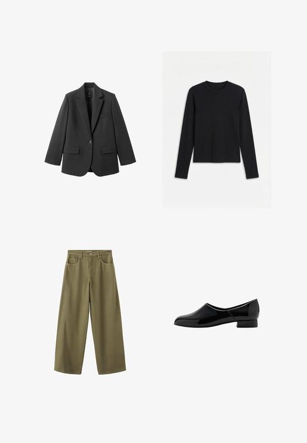 Blazer noir en tissu lisse, doté d'un revers cranté, d'une fermeture à un bouton et de deux poches avant. Design simple et ajusté.; T-shirt noir à manches longues avec col rond, coupe ajustée et design uni, présenté sur un fond blanc.; Pantalon large couleur olive en coton à texture lisse, doté d'une fermeture à boutons et de deux poches avant.; Mocassin en cuir verni noir avec un bout arrondi et un petit talon carré. Surface lisse, design minimaliste, sans embellissements visibles.