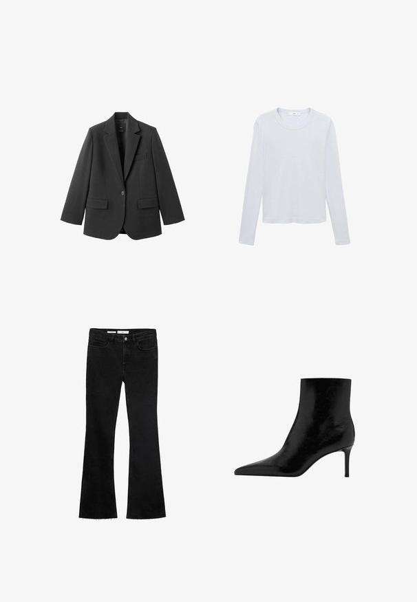 Schwarzer Blazer aus glattem Stoff mit Reverskragen, Ein-Knopf-Verschluss und zwei Vorderentaschen. Einfaches, maßgeschneidertes Design.; Weißes langärmeliges Baumwoll-T-Shirt mit Rundhalsausschnitt, geradem Saum und minimalen Nähten, flach auf weißem Hintergrund liegend.; Schwarze ausgestellte Jeans aus einem weichen Stoff mit rohem Saum, ausgestattet mit zwei Fronttaschen und einem Knopfverschluss mit Reißverschluss.; Schwarze Ankle-Boots mit spitzem Design, aus glänzendem Leder gefertigt. Verfügt über einen Stiletto-Absatz und eine glatte Textur. Keine sichtbaren Verzierungen.