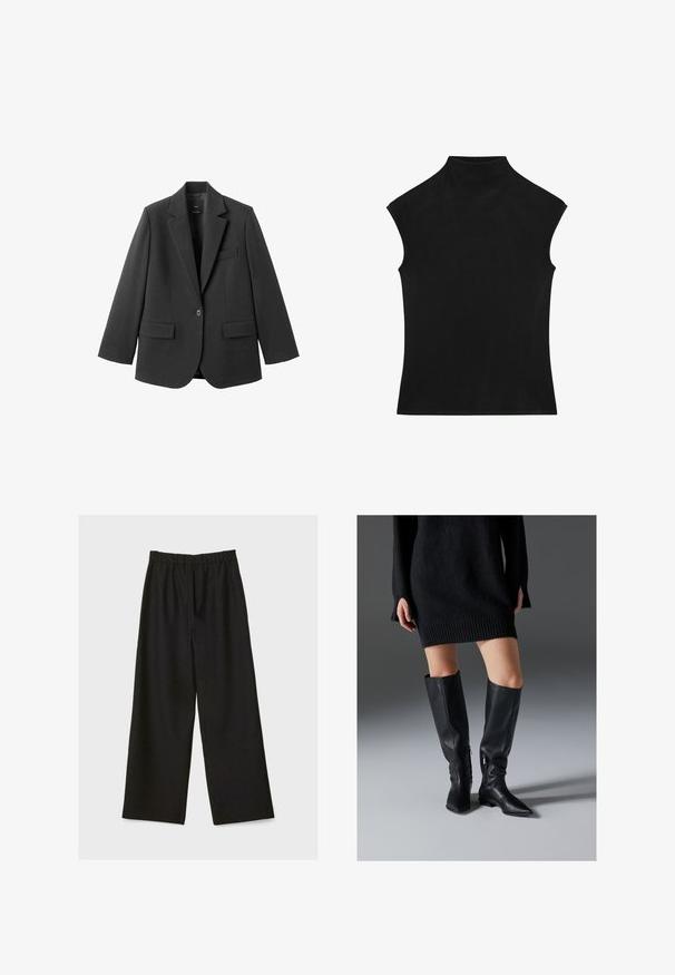 Schwarzer Blazer aus glattem Stoff mit Reverskragen, Ein-Knopf-Verschluss und zwei Vorderentaschen. Einfaches, maßgeschneidertes Design.; Schwarzes ärmelloses, figurbetontes Top mit hohem Kragen und glatter Textur, flach auf weißem Hintergrund dargestellt.; Schwarze weit geschnittene Hose mit elastischem Bund, flach auf einem hellen Hintergrund präsentiert.; Schwarze Lederstiefel über dem Knie mit spitzen Zehen, flachen Sohlen und seitlichen Reißverschlüssen. Glatte Textur, elegantes Design ohne Verzierungen.