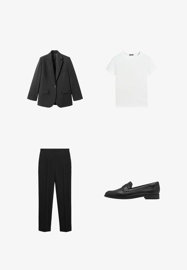 Sort blazer lavet af glat stof med en hakket revers, enkelt knaplukning og to forlommer. Enkel, skræddersyet design.; Almindelig hvid T-shirt med korte ærmer, rund halsudskæring og lille sort label inden i kraven.; Sorte bukser i et skræddersyet design, med lige ben, frontfolder og en ren kant. Fremstillet af et glat stof uden synlige mønstre.; Sort læder loafersko med en glat tekstur, rund tå og en lille hævet stroppedesign. Har en lav, solid hæl.