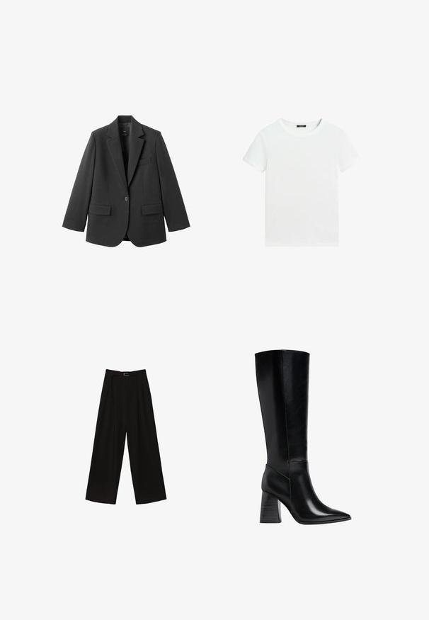 Blazer noir en tissu lisse, doté d'un revers cranté, d'une fermeture à un bouton et de deux poches avant. Design simple et ajusté.; T-shirt blanc uni à manches courtes avec un col rond et une petite étiquette noire à l’intérieur du col.; Pantalons larges noirs à taille haute, dotés d'une ceinture à la taille et de plis pour ajouter de la texture. Fabriqués dans un tissu lisse et léger.; Bottes noires montantes en cuir lisse, avec un bout pointu et un talon carré avec des rayures verticales. Design minimaliste.