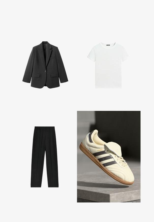 Sort blazer lavet af glat stof med en hakket revers, enkelt knaplukning og to forlommer. Enkel, skræddersyet design.; Almindelig hvid T-shirt med korte ærmer, rund halsudskæring og lille sort label inden i kraven.; Sorte, højtaljede bukser med lige ben-design, der har plisseringer og sidelommer, lavet af et letvægtsstof.; Cremefarvede lædersneakers med tre mørke striber, en brun gummisål og en afrundet tå. Har en foldbar tunge mærket "SAMBA."