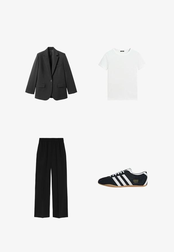 Sort blazer lavet af glat stof med en hakket revers, enkelt knaplukning og to forlommer. Enkel, skræddersyet design.; Almindelig hvid T-shirt med korte ærmer, rund halsudskæring og lille sort label inden i kraven.; Marks & Spencer WIDE LEG - Bukser - black; Sort ruskinds sneaker med hvide tre striber, guldlogo og en brun gummisål. Har et lavprofil snørebåndsdesign.