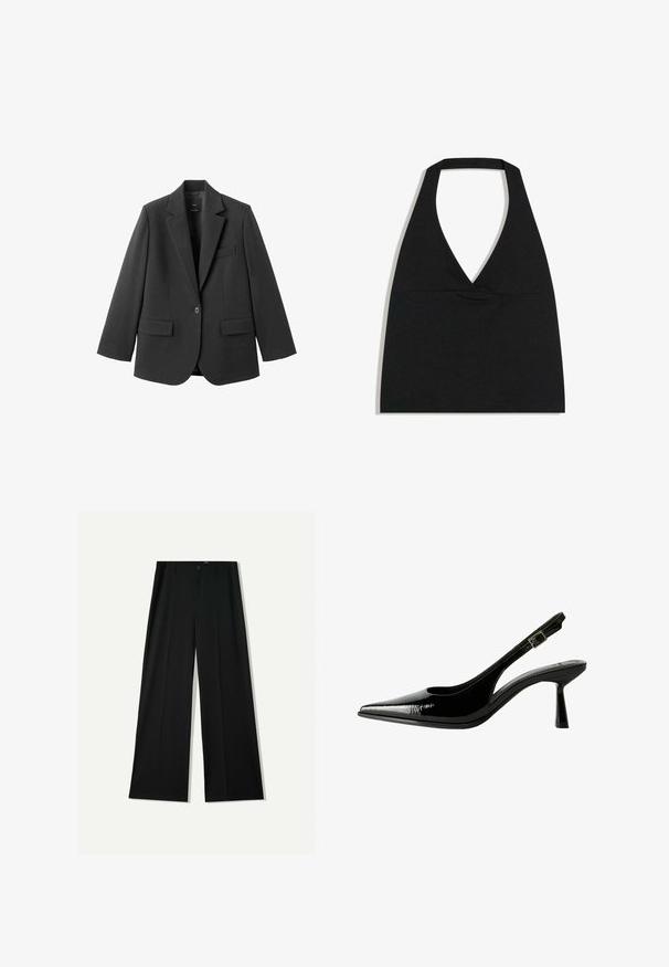 Zwart colbert van gladde stof, met een inkeping op de revers, enkele knoopsluiting en twee voorzakken. Eenvoudig, op maat gemaakt ontwerp.; Zwarte haltercrop top met diepe V-halslijn en brede nekband tegen een witte achtergrond.; Bershka WIDE - Broek - black; Zwarte gepatineerde leren slingback pump met een spitse neus, uitsparingen aan de zijkanten, een verstelbare enkelband en een dunne, slanke hak.